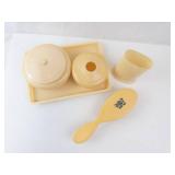 Celluloid Vanity Set - Cream Yellow Powder Jars, Tray, Cup & Brush (Vintage)