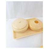 Celluloid Vanity Set - Cream Yellow Powder Jars, Tray, Cup & Brush (Vintage)