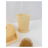 Celluloid Vanity Set - Cream Yellow Powder Jars, Tray, Cup & Brush (Vintage)