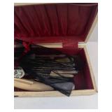 Antique Manicure Set in Ivory Colored Box with Engraved Metal Tools