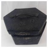 Vintage Hexagonal Hat Box - Black Embossed Exterior, Red Satin Interior w/ Hat Shaper Inserts