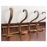 Antique Bridle Rack with Four Rustic Hooks on Wooden Base