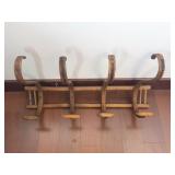 Antique Bridle Rack with Four Rustic Hooks on Wooden Base