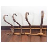 Antique Bridle Rack with Four Rustic Hooks on Wooden Base