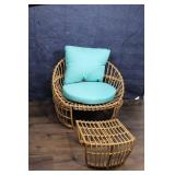 Rattan Lounge Chair with Aqua Cushions and Footrest