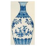 Framed Blue & White Chinese Porcelain Vase Print With Floral Motifs