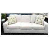 Sofa Cream Fabric 3-Seat with Green Leaf Pillows