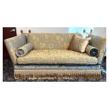 Vintage Blue Damask Sofa - Gold Fringe & Nailhead Trim - Drop Down Sides