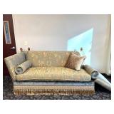 Vintage Blue Damask Sofa - Gold Fringe & Nailhead Trim - Drop Down Sides