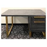 Industrial-Style Desk - Distressed Black Wood Top & Gold Metal Frame - Right-Side 2-Drawer