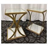 End Tables - Pair of Gold Tone Glass-Top Tables & Mirrored Lower Shelves