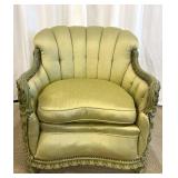 Vintage Green Velvet Armchair & Carved Wood Trim - Rococo Style