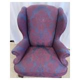 Wingback Chair - Damask Upholstery Blue & Burgundy with Carved Wood Legs #1