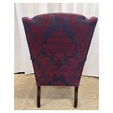 Wingback Chair - Damask Upholstery Blue & Burgundy with Carved Wood Legs #1