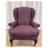 Wingback Chair - Damask Upholstery Blue & Burgundy with Carved Wood Legs #2