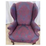 Wingback Chair - Damask Upholstery Blue & Burgundy with Carved Wood Legs #2