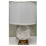 Pineapple Lamp - White Ceramic Table Lamp With Brass Base & White Fabric Shade