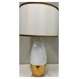 Mid-Century Modern Style Table Lamp - White Glass Body with Gold Base & Linen Lampshade