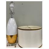 Mid-Century Modern Style Table Lamp - White Glass Body with Gold Base & Linen Lampshade
