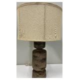 Rustic Turned Wood Table Lamp - Beige Fabric Shade