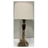 Antique-Style Table Lamp with Ornate Distressed Base & Linen Shade