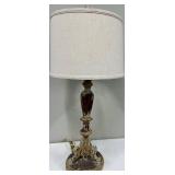 Antique-Style Table Lamp with Ornate Distressed Base & Linen Shade