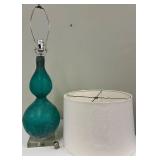 Teal Glass Table Lamp & White Drum Shade