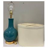 Teal Blue Glass Table Lamp - Cream Drum Shade & Gold Base