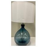 Teal Glass Table Lamp & White Shade - Bubble Texture Teardrop Base