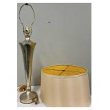 Mid-Century Modern Style Table Lamp & Beige Fabric Shade - Silver Cone Base with Gold Trim