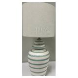 Ceramic Table Lamp - Teal Striped Vase Base & White Drum Shade