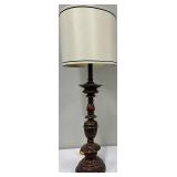 Vintage Turned-Wood Table Lamp with White Drum Shade