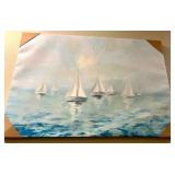 Five Sailboats Seascape Painting on Canvas - Turquoise Sea & Sky