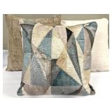 Throw Pillow Set of 3 - Geometric Pattern Taupe & Beige with Blue Accents