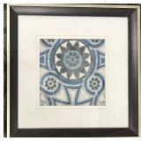 Framed Blue Tile Pattern Art Print - Circular Floral Motif, 23 x 23 in