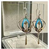 Pat Cheney Jewelry Scotland Sterling Silver Turquoise-Enamel Earrings