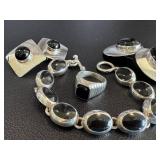 Sterling Silver Onyx Jewelry Set - Bracelet 7in, Ring Size 8, Earrings (2 Pairs)