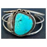Vintage Sterling Silver Turquoise Bracelet - Large Turquoise Cabochon, Open Cuff