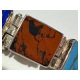 Sterling Silver Gemstone Panel Bracelet - Malachite, Onyx, Azurite, Jasper - 7 Inch