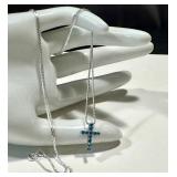 DiamonLuxe Sterling Silver Cross Necklace 22" Chain with Blue Stones