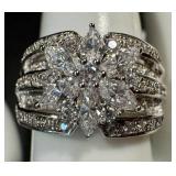 Epiphany Sterling Silver CZ Ring - Floral Cluster, Multi-Row Pavé, Size 8