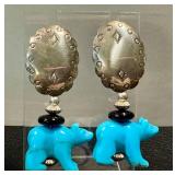 Artist-Crafted Sterling Silver Turquoise Bear Earrings - 2" Post Backs