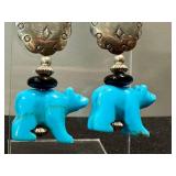 Artist-Crafted Sterling Silver Turquoise Bear Earrings - 2" Post Backs