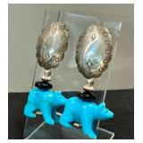 Artist-Crafted Sterling Silver Turquoise Bear Earrings - 2" Post Backs
