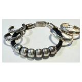 Sterling Silver Leather Bracelet with Hammered Beads & Sterling Hoop Earrings