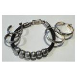 Sterling Silver Leather Bracelet with Hammered Beads & Sterling Hoop Earrings