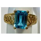 Emerald-Cut Blue Topaz Ring in 10K Gold - Size 6, Filigree Band, 4-Prong Setting