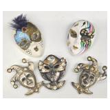 De Coranto Mask Brooches - Lot of 5 - White, Jester & Female Masks - Made in Italy