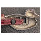 Barry Kieselstein Sterling Silver Duck Buckle Belt with Red Leather Strap - 40in