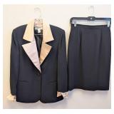 Vintage Christian Dior Skirt Suit - Navy with Peach Satin Lapels, Size 4